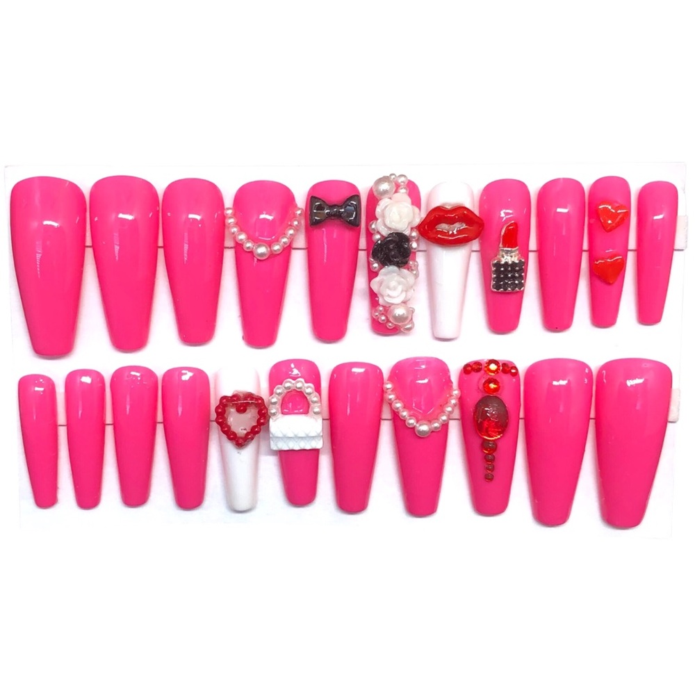 Handmade Custom Press On Nails Gel Long Coffin Ballerina Pink Fashion Lip Nails